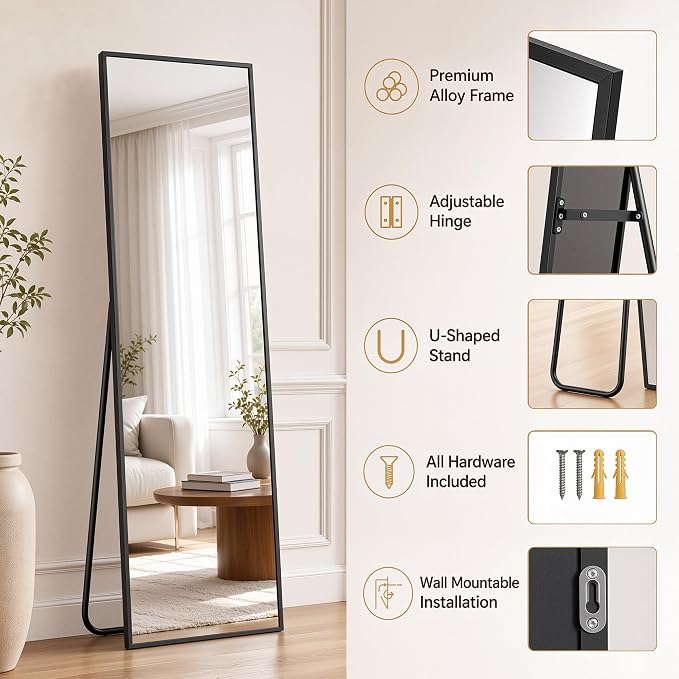 Antok Full Length Mirror, 76"x34" Floor Mirror with Stand, Hanging Mounted Mirrors for Bedroom, Living Room, Cloakroom, Dining Room, Black, Rect