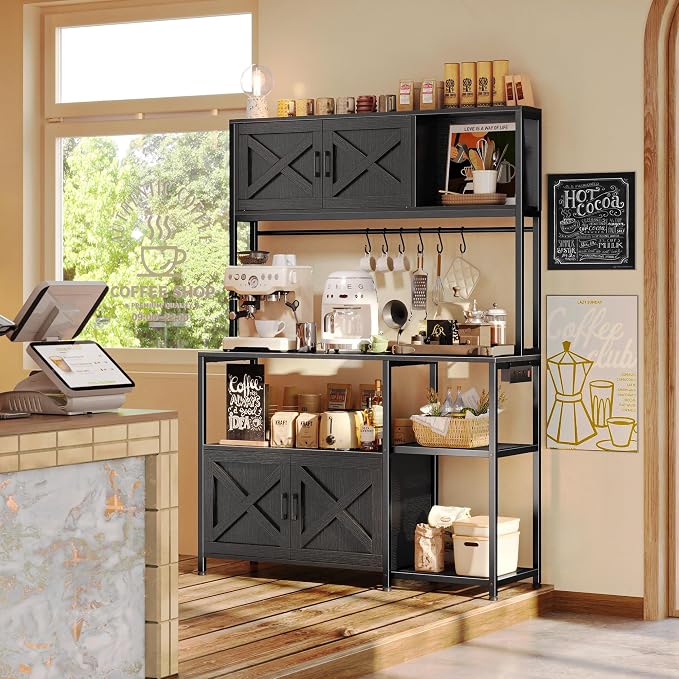 Huuger Large Bakers Rack with Power Outlet, Kitchen Microwave Stand with Cabinets, Coffee Bar Table Station with Storage, 6 S-Shaped Hooks, Mesh Shelves, 45 Inch Wooden Top, Black