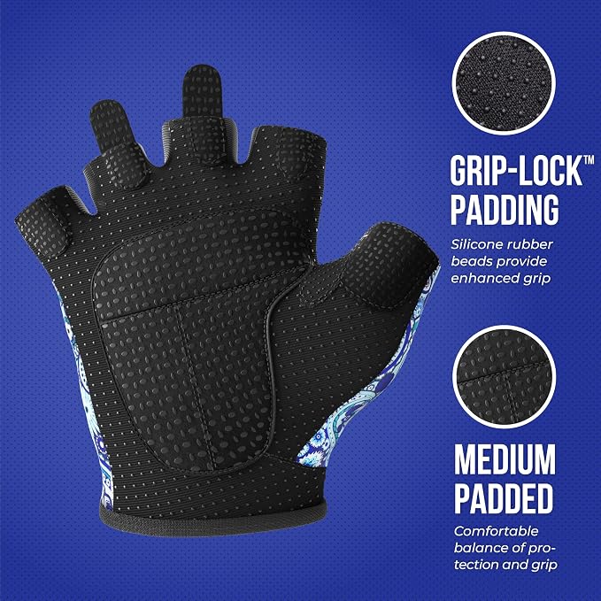 Contraband Pink Label 5387 Womens Design Series Paisley Print Lifting & Rowing Gloves (Pair) - Lightweight Vegan Medium Padded Microfiber Amara Leather w/Griplock Silicone