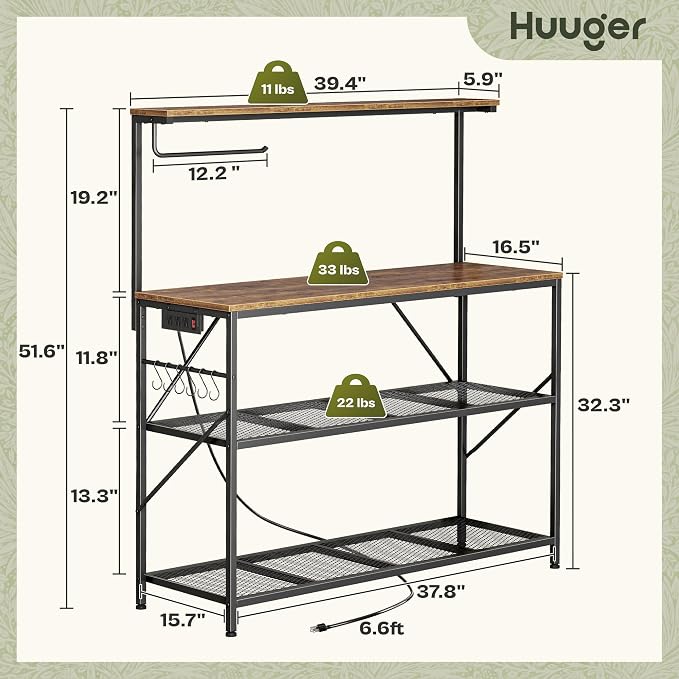 Huuger 4-Tier Bakers Rack with Reversible Power Outlet, 39.4 Inch Microwave Stand, Kitchen Coffee Bar, with Top Shelf, 6 S Hooks, Rustic Brown