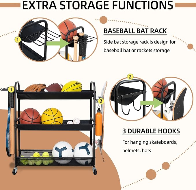 STORAGE MANIAC Basketball Rack 3-Shelf Training Stand with Wheels | Sports Ball Cart with Hooks, Rolling Ball Basket Storage for Garage or Gym, Indoor & Outdoor Sports Equipment Organizer