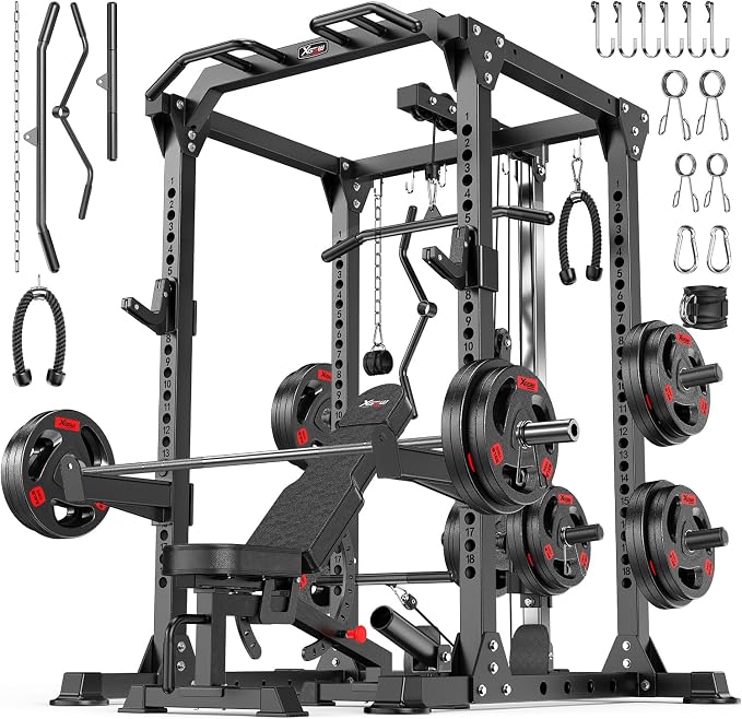 Power Cage Multi-Function Power Rack with Cable Crossover System,1500 LBS Capacity Squat Rack with Weight Bench,for Home Gym