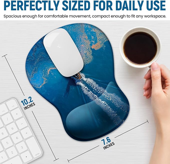 Ergonomic Mouse Pad with Wrist Rest, Gel Wrist Support, Coastal | 10.2 x 7.6 in Mouse Pad with Smooth Fabric Surface and Non-Slip Rubber Base for Office, Home, Study, and Gaming