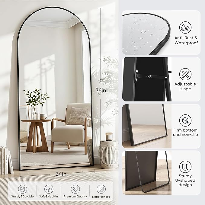 Full Length Mirror, 76"x34" Arched Floor Mirror Freestanding, Floor Standing Full Body Mirror with Stand for Bedroom, Hanging Mounted for Living Room Cloakroom, Black