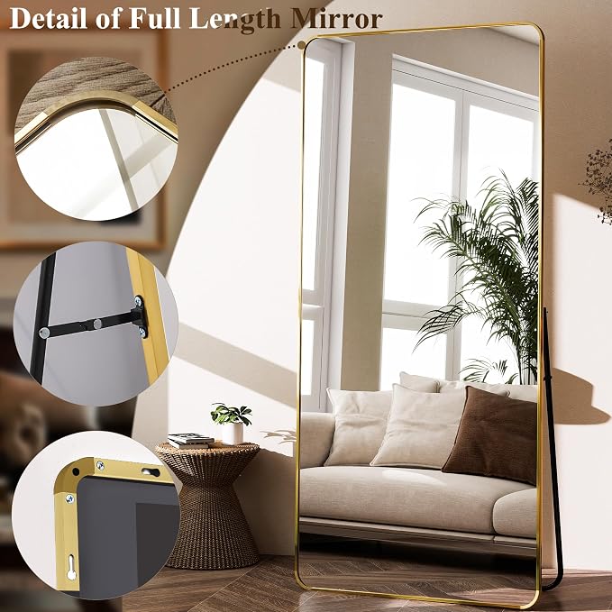 BEAUTYPEAK 76" x 34" Rounded Corner Full Length Mirror with Stand, Gold | Aluminum Alloy Frame with Standing, Leaning, or Wall-Mounted, Ideal for Bedroom, Dressing Room, Entryway, and Living Room