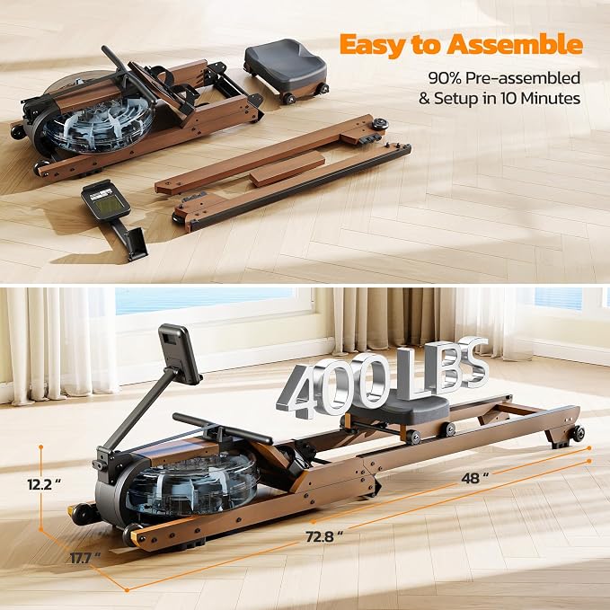 Dripex Rowing Machines for Home Foldable, Water Rowing Machine Max 400 LBS, Rower with Smooth Slide Rail, Comfortable Seat,Bluetooth App Supported,LCD Monitor, Wooden Row Machine for Home Gym Exercise
