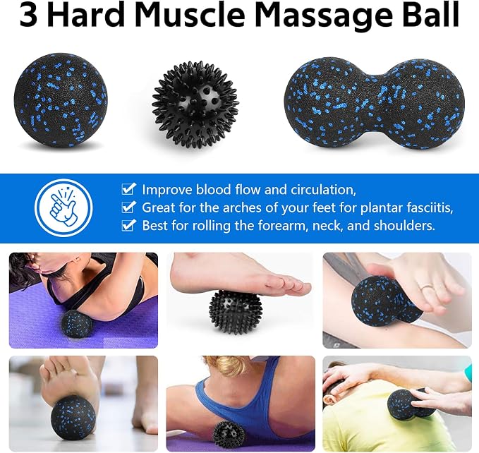 7 in1 Foam Roller Set for Deep Tissue Muscle Massager - High Density Back Roller, Muscle Roller Stick, Resistance Bands, Foot Massage Ball, Stretching Strap for Exercise, Whole Body Physical Therapy