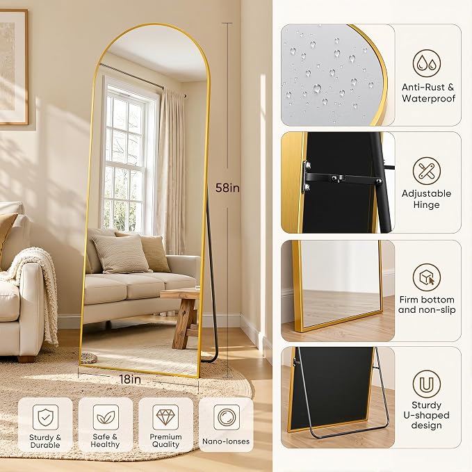 Full Length Mirror, 58"x18" Arched Floor Mirror Freestanding, Floor Standing Full Body Mirror with Stand for Bedroom, Hanging Mounted for Living Room Cloakroom, Gold