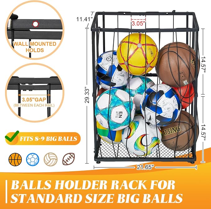 Hencawima Garage Ball Storage Wall-Mounted & Floor Sports Equipment Organizer: Sports Ball Rack with Elastic Rope, Holder for Basketball, Soccer, Volleyball, Football, Garage, Gym, Black