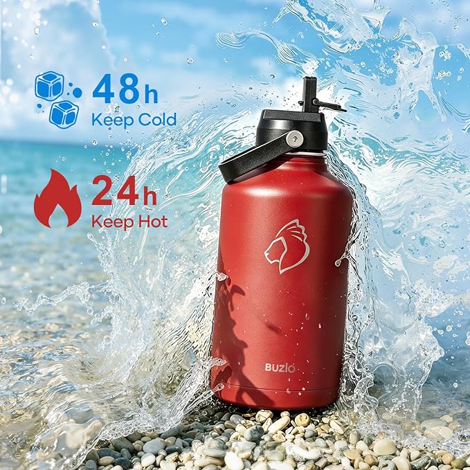 BUZIO 64oz Insulated Water Bottle with Straw Lid and Spout Cap, Stainless Steel Powder-Coat Water Flask, Keep Beverage Cold for 48 Hrs Hot for 24 Hrs Simple Thermo Canteen Mug, Red