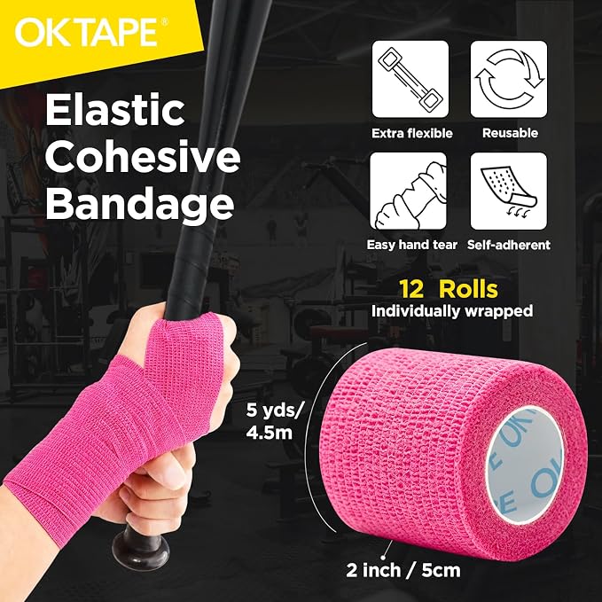 OK TAPE 12 Rolls Self Adhesive Bandage Wrap, Cohesive Elastic Athletic Tape | Vet Wrap, Sports Tape, Medical Wrap for Wrist, Feet, Self Stick Bandage Tape, 2" x 5 Yards - Pink