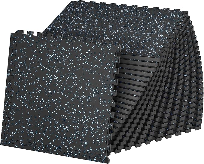 SUPERJARE 1" Extra-Thick Rubber Top Exercise Mat, Puzzle Gym Flooring for Home Gym, Gym Mat for Workout Equipment, Interlocking Floor Tiles with EVA Foam, 24 Pcs 96 Sq Ft, Black/Blue