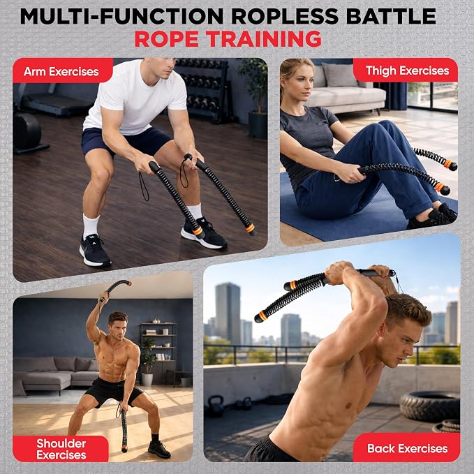 Adjustable Ropeless Battle Ropes – Weighted Cordless Battle Rope Set with Variable Resistance, Wrist Straps & Workout Guide Poster – Portable HIIT & Home Gym Training Equipment