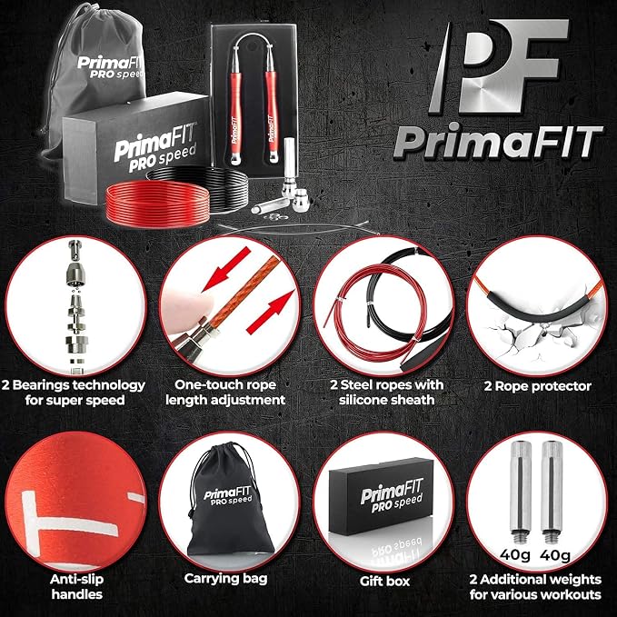 PrimaFIT Pro Speed Jump Rope for Adults, Weighted Skipping Rope for Boxing | Adjustable Jumping Rope for Fitness Workout & CrossFit Exercise, Double Unders, Handle Weights, 3m Cables 2 Protectors, Bag