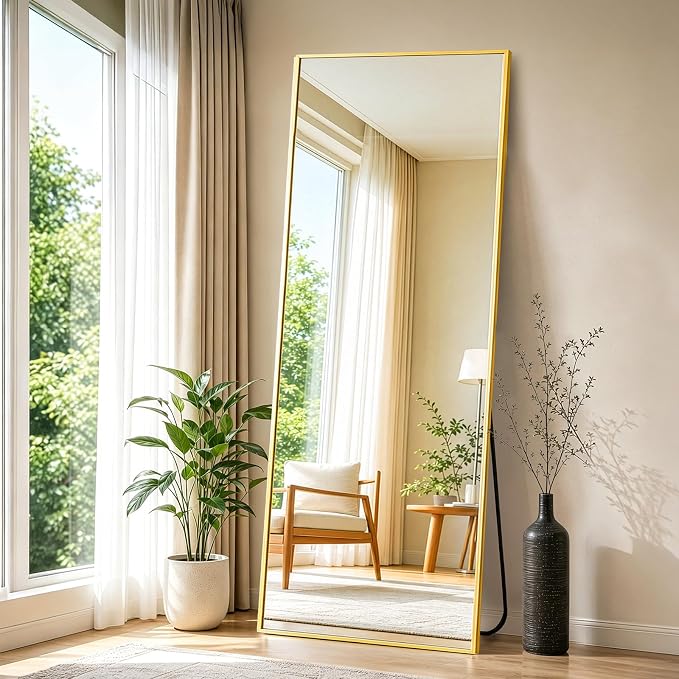 NEWBULIG 68"x26" Full Length Mirror, Full Body Standing Mirror, Gold | Leaning or Standing, Tempered Glass, Aluminum Alloy Thin Frame Floor Stand for Bedroom, Cloakroom