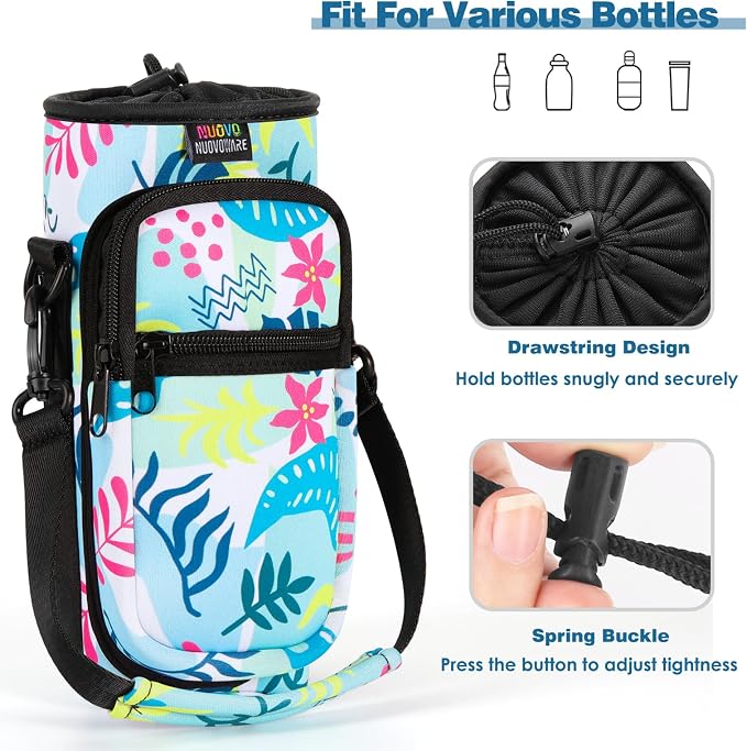 Nuovoware Water Bottle Carrier Bag, 25oz/32oz, Coloured Leaves | Adjustable Shoulder Hand Strap, 2 Pocket, Neoprene Sleeve, For Hiking Travelling