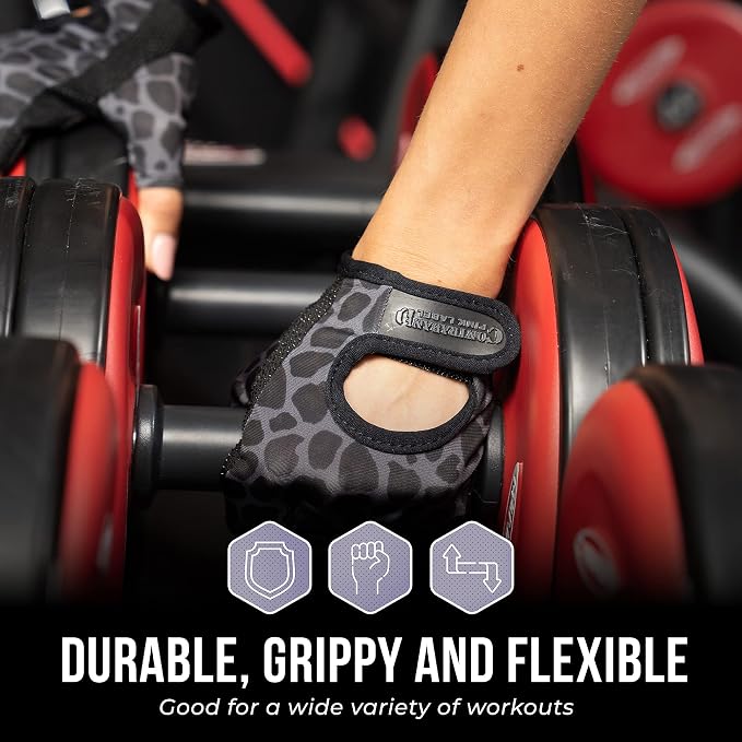Contraband Pink Label 5297 Womens Design Series Leopard Print Lifting & Rowing Gloves (Pair) - Lightweight Vegan Medium Padded Microfiber Amara Leather w/Griplock Silicone