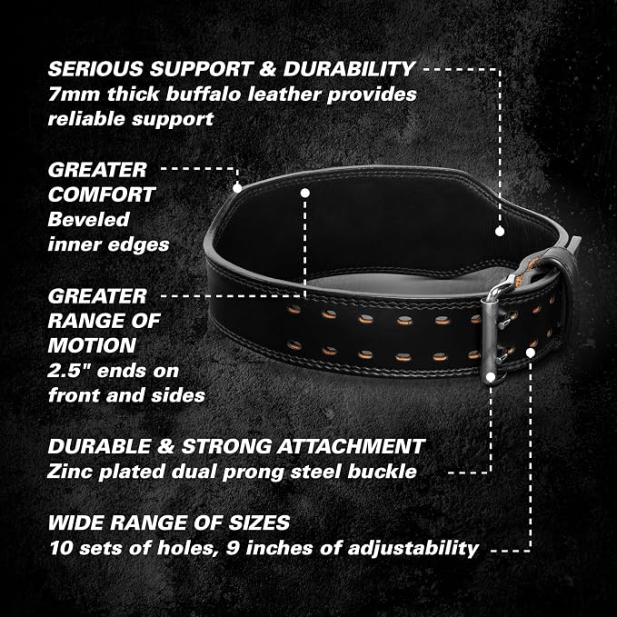 Harbinger 7mm Pro Leather Weightlifting Belt for Squats, Deadlifts, Powerlifting, and Olympic Lifts with Dual-Prong Buckle and Adjustable Fit