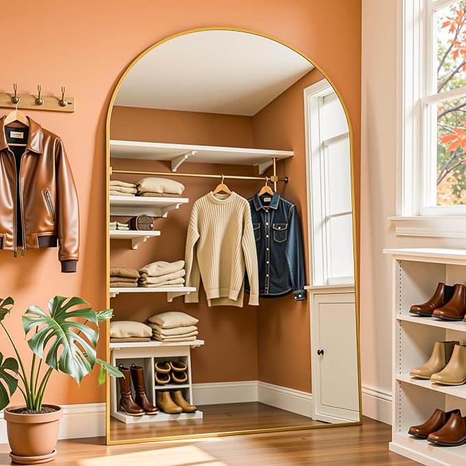 Full Length Mirror, 82"x44" Arched Full Body Mirror, Oversized Floor Mirrors, Leaning Free Standing Mirrors, Hanging Mounted Large Mirrors for Bedroom Dressing Room, Cloakroom, Gold