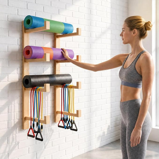 4-Tier Wooden Yoga Mat Holder Wall Mount, Yoga Mat Rack for Home Gym | Wall Yoga Mat Storage, Yoga Mat Holder Wall Mount for Foam Roller and Fitness Accessories Home Gym Organization