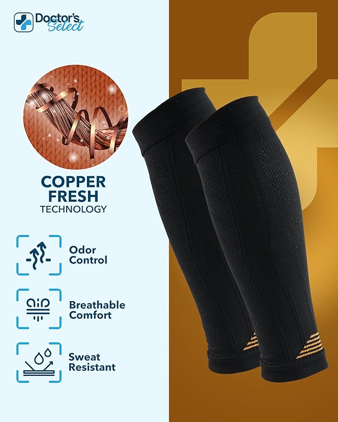 Doctor's Select 2 Pairs Copper Calf Compression Sleeve - Leg Compression Sleeves for Women & Men, Shin Splint Relief