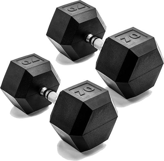 CAP Rubber Coated Dumbbell Weights, Free Weights for Home Gym Strength Training, Anti-Roll Hex Dumbbells with Black, Chrome & Comfort Grip Handles, Pairs & Sets