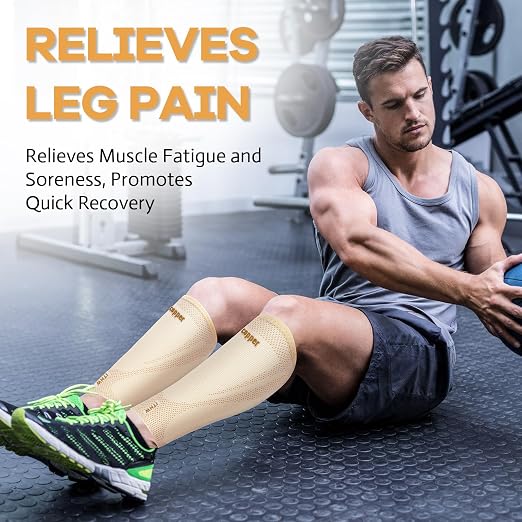 Copper Calf Compression Sleeves for Men Women, Shin Splint Relief, Grip | High Stretch Graduated Compression with Anti-Slip Grip | Breathable & Smooth Lining Footless Design for Runner Nude