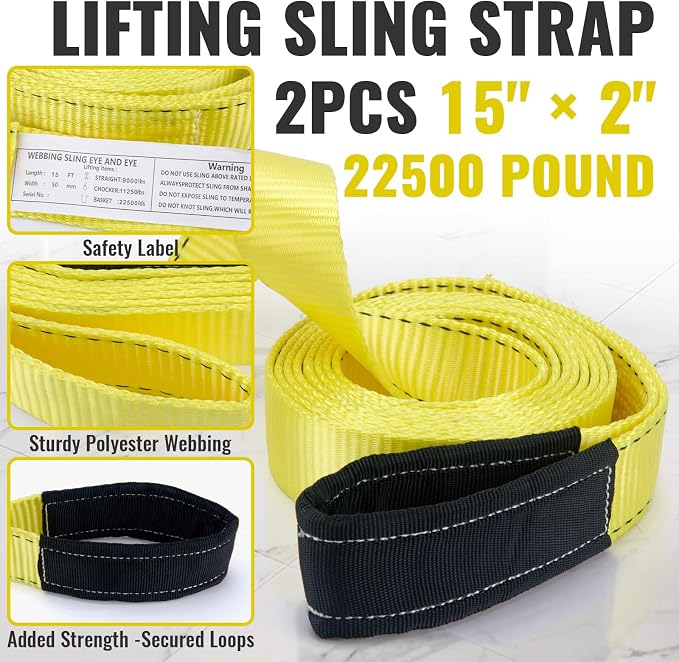 15' x 2" Heavy Duty Rigging Lifting Straps, Nylon Webbing Tow Sling, 2-Pack | 22500 lbs capacity flat eye webbing slings. Ideal for winch hoisting, furniture moving, and tree saver recovery