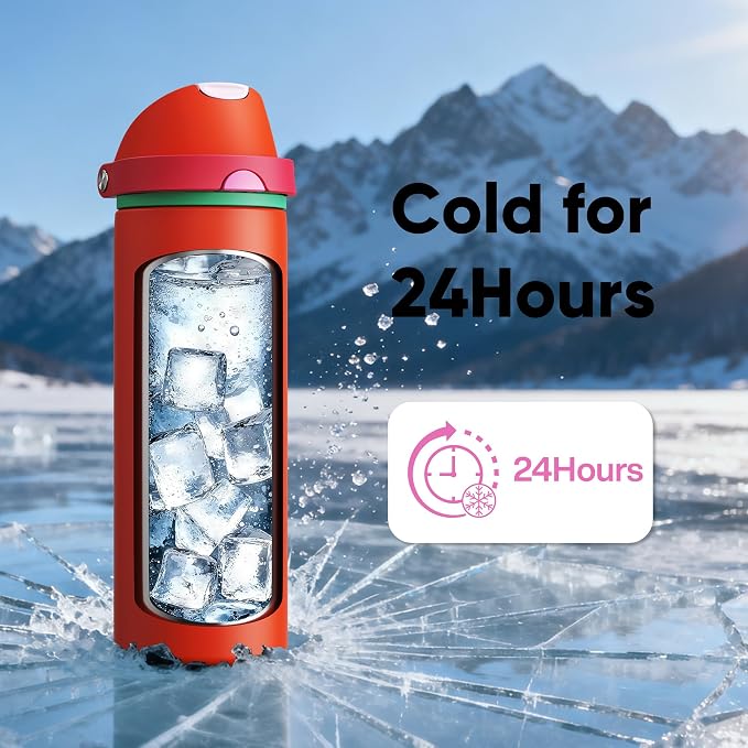 Insulated Water Bottle with Straw - Encool Stainless Steel Water Bottle with Push Button Lid, Leak-Proof & BPA-Free, Keeps Cold for 24 Hours for Sports, Travel, Gym (24 oz, Grapefruit Red)