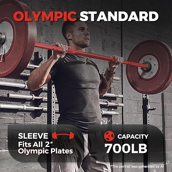 7FT Alloy Steel Olympic Barbell, 700LB 40LB | 30mm knurled grip bar with rotating sleeves, chrome finish, 2-inch plate fit, and 700LB capacity for home gym lifts