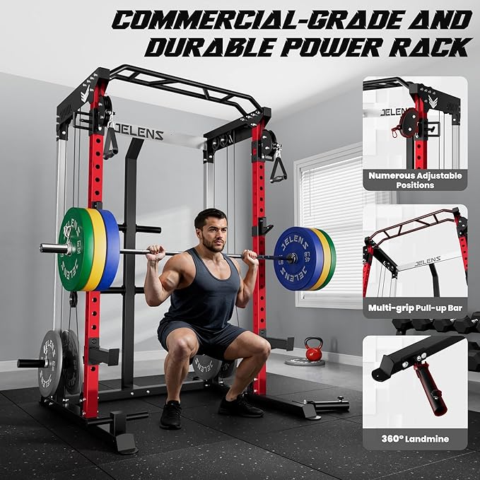 JELENS C21 Power Cage, 2000LBS Multi-Function Power Rack with Independent Dual Pulley System, All-in-One Squat Rack for Cable Crossover, Home Gym Workout Machine