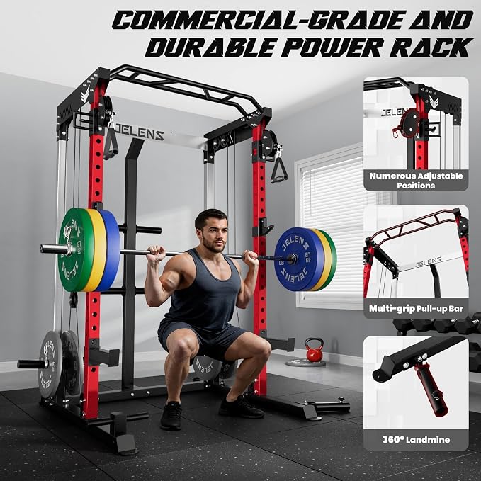 JELENS C21 Power Cage, 2000LBS Multi-Function Power Rack with Independent Dual Pulley System, All-in-One Squat Rack for Cable Crossover, Home Gym Workout Machine