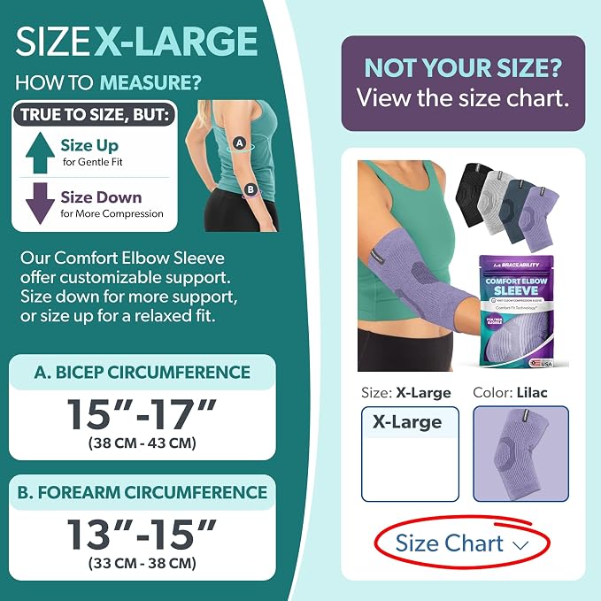 BraceAbility Elbow Compression Sleeve for Bursitis - Olecranon Elbow Brace for Tendonitis, Tennis Elbow, Golfers Elbow, Arthritis, Joint Pain Relief, Arm Support Sleeve for Men and Women (XL - Lilac)