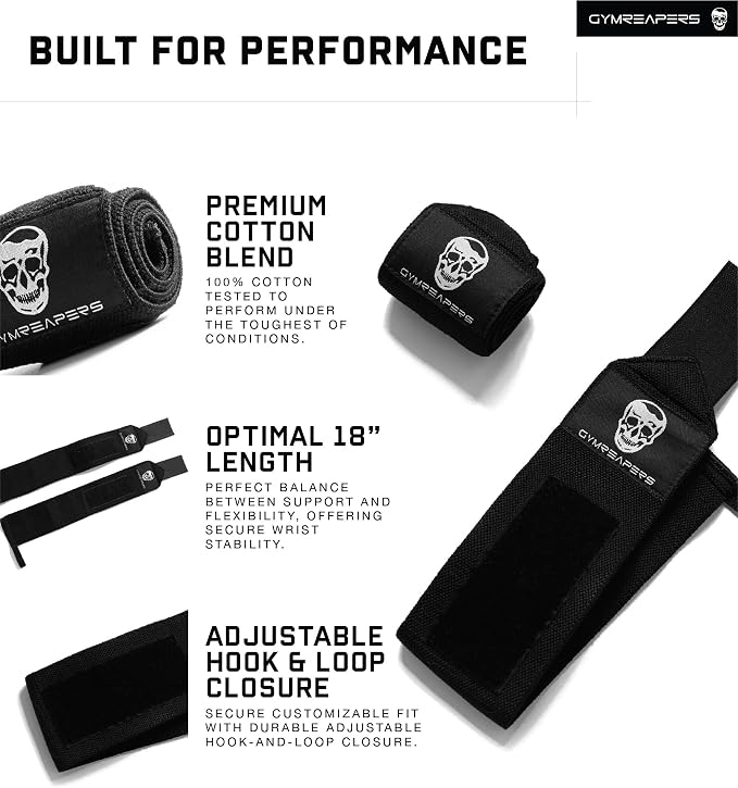 Gymreapers Weightlifting Wrist Wraps (IPF Approved) Professional Quality Wrist Support with Heavy Duty Thumb Loop - Best Wrap for Powerlifting Competition, Strength Training, Bodybuilding