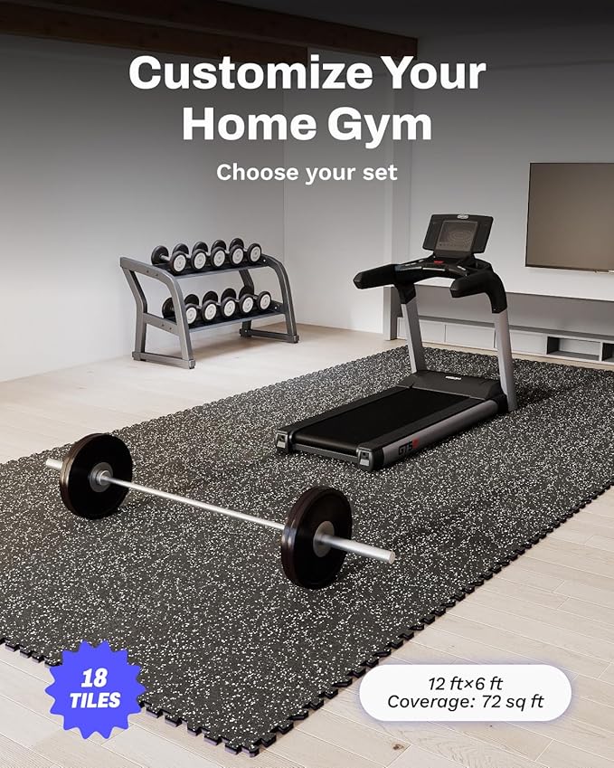 AIRHOP 0.79'' Extra-Thick 72 Sq Ft Rubber Top Gym Flooring for Home Gym | 18 Tiles, High Density EVA Foam, Waterproof & Non-Slip Rubber, Interlocking Puzzle Mats, Heavy Duty Floor Protection, 24"x24"