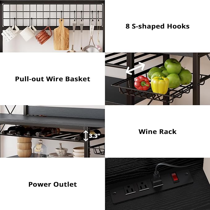 IRONCK 62.4-Inch Bakers Rack with Power Outlets and Wine Storage | 62.4-inch wide bakers rack combines 5 shelves, 3 AC outlets, a wine rack, basket, and S-hooks.
