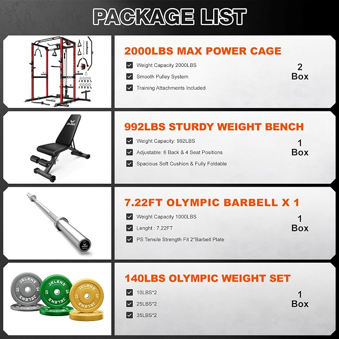 JELENS S21 Power Cage, Multi-Function Power Rack with Adjustable Cable Crossover System, 2000LBS Squat Rack for Home Gym with More Training Attachments