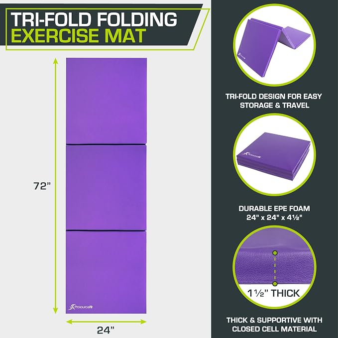 ProsourceFit Tri-Fold Folding Thick Exercise Mat 6’x2’ with Carrying Handles for MMA, Gymnastics, Stretching, Core Workouts