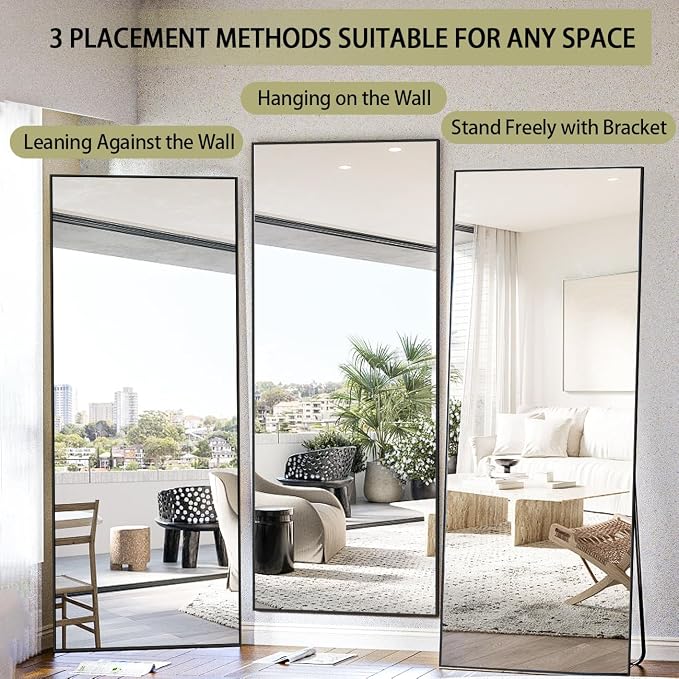 BEAUTYPEAK Full Length Mirror, 71"x26" Standing Hanging or Leaning Against Wall Floor Mirrors Body Dressing Wall-Mounted for Living Room, Bedroom with Aluminum Alloy Thin Frame, Black | Standing Hanging or Leaning Against Wall Body Dressing Wall-Mounte...