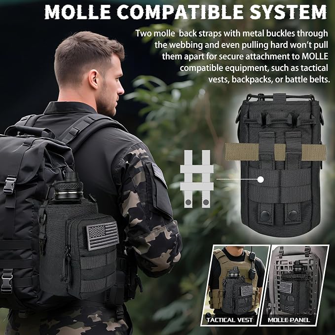DEFUNX Half Gallon Water Bottle Insulated with Sleeve - Tactical 64 oz Stainless Steel Water Jug with MOLLE Water Bottle Pouch, Gym Water Bottles for Men Hiking Workout (Black)