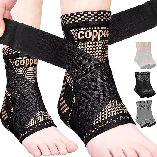 Copper Ankle Brace Adjustable Compression Support (1Pair, Medium) | Removable Figure-8 Straps, Anatomical fit - Ankle Sprains & Tendonitis & Plantar Fasciitis & Sports & Injury Recovery