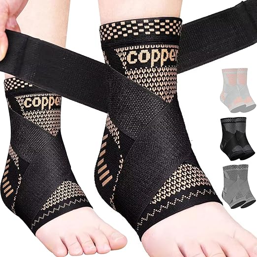 JIUFENTIAN Copper Ankle Brace Adjustable Compression Support (1Pair, Large) | Removable Figure-8 Straps, Anatomical fit - Ankle Sprains & Tendonitis & Plantar Fasciitis & Sports & Injury Recovery