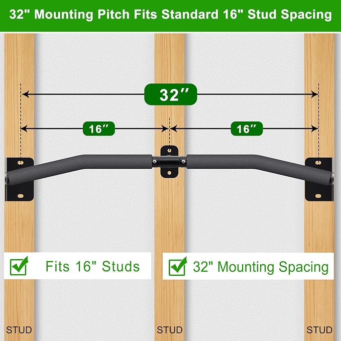 SELEWARE 32"/36" Wall Mount Pull Up Bar Joist Mount Chin Up Bar for Doorway | Heavy Duty Steel Construction Support 450 lb, w/Resistance Band Hooks, Fits 32"/36" Wall Studs for Home Gym Strength Training