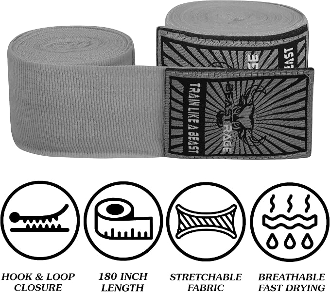 BEAST RAGE Boxing Hand Wraps for MMA Kickboxing Wrist Wraps Professional Adult 180" Semi-Elastic Martial Arts Inner Gloves Heavy Bag Handwraps Muay Thai Thumb Straps