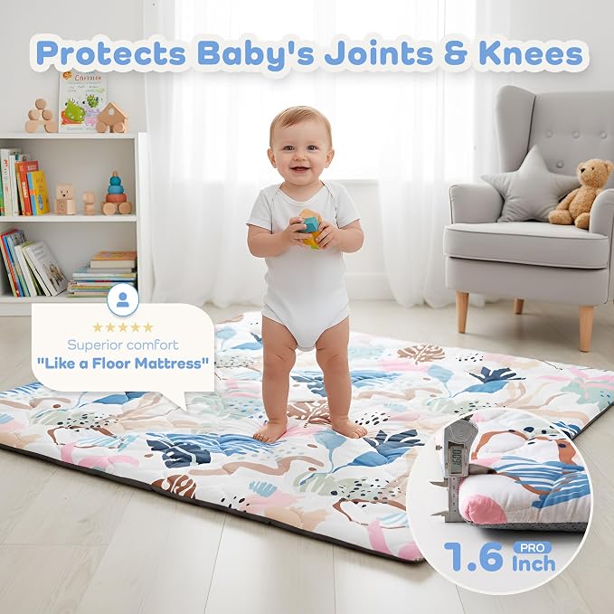 1.6" Thick Baby Play Mat, 50x50 Removable & Machine Washable Cover | Padded Memory Foam, Non-Slip Backing, 100% Baby-Safe Materials, Tummy Time Crawling, Outdoor, Bedroom, Living Room, Nursery