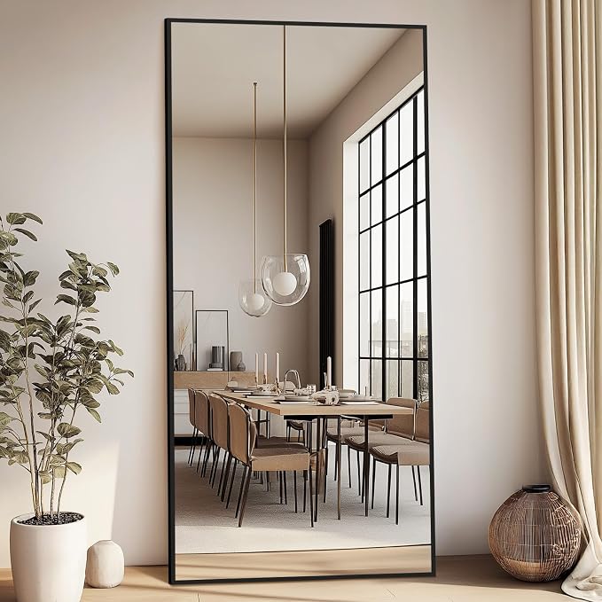 76"x34" Large Floor Mirror Full Length with Stand, Oversized Black | Free Standing or Leaning, Wall‑Mountable, for Bedroom Living Room Home Gym, Rectangular, Tempered Glass, Aluminum Frame