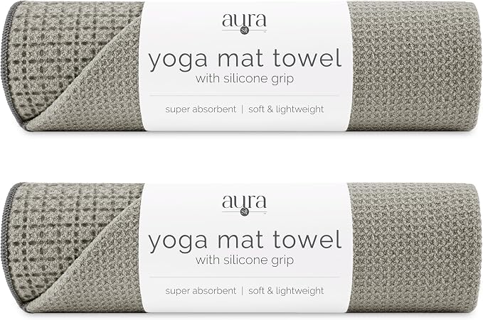S&T INC. Aura Microfiber Yoga Mat Towel with Grip, 2 Pack, 24" x 72", Grey | Silicone Grip Backing, Soft and Absorbent, Quick-Dry for Gym, Pilates, and Hot Yoga, Compact for Gym Bag, Machine Washable