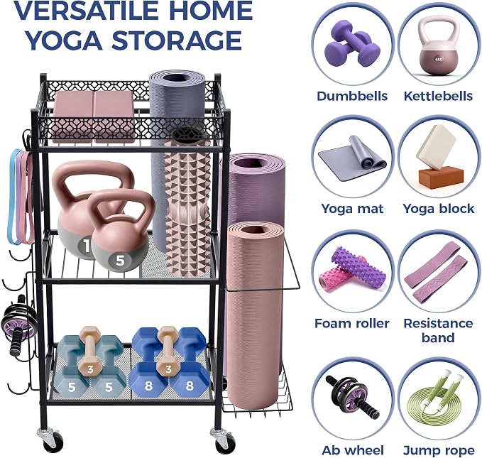 Yoga Mat Storage Rack with Wheels Home Gym Essentials | Foam Roller Yoga Blocks Dumbbells Kettlebells Resistance Bands Workout Exercise Organizer Fitness Gear Garage Organization