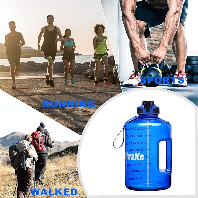 SLUXKE 1 Gallon Motivational Sports Water Bottle with Time Marker, BPA Free 128oz Leak Proof Jug, Black, Plastic, 128 ounces, Fitness, Sports, Outdoor Activities