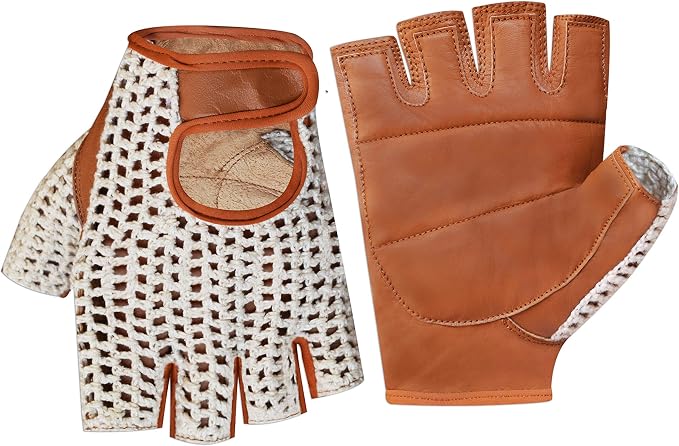 Retro Leather Crochet Cycling Gloves - Classic Tan